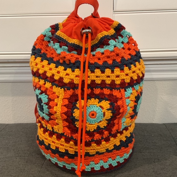 NWT Cider Retro Crochet Granny Square Drawstring Backpack Boho - Picture 11 of 16
